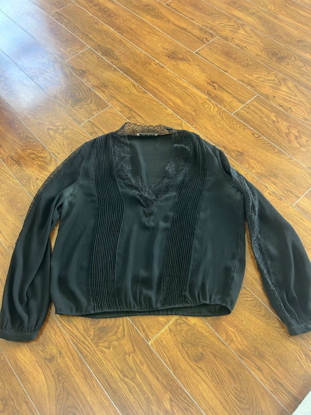 Alice + Olivia Black Lace-Trim V-Neck Blouse